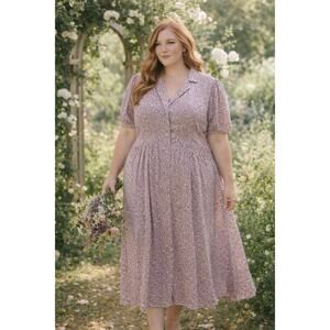 Morning Lavender Floral Midi Dress Women’s 3X Mauve Puff Sleeve Cottagecore